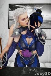 2girls 3d 3d_(artwork) asian asian_female bathroom black_hair clothed daughter hair_ornament honey_select_2 hug_from_behind imminent_kiss incest joey3d_(artist) kitana mortal_kombat mortal_kombat_11 mother mother_and_daughter phone purple_lipstick selfie sindel white_hair yuri