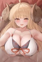 1boy ahoge anila_(granblue_fantasy) bikini blonde_hair blunt_bangs blush bra breasts cbmus cleavage commission draph female granblue_fantasy highres horns huge_breasts large_breasts long_hair looking_at_viewer open_mouth paizuri penis pixiv_commission sheep_horns short_eyebrows smile solo_focus swimsuit thick_eyebrows underwear very_long_hair white_bra yellow_eyes