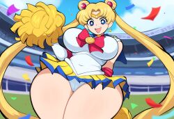 ai_generated bishoujo_senshi_sailor_moon cameltoe cheerleader cheerleader_uniform clothing curvaceous female large_breasts mullon novelai panties pom_poms public sailor_moon skirt stadium stadium_background thick_thighs