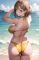 ai_generated atelier_(series) atelier_ryza back_view backboob beach big_ass bikini brown_eyes brunette_hair fat_ass golden_bikini huge_ass huge_breasts imayoai large_breasts light-skinned_female light_skin looking_back pawg reisalin_stout short_hair solo_female thick_body thick_female thick_thighs thighs voluptuous voluptuous_female