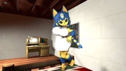 1girls 3d 3d_(artwork) animal_crossing animal_ears animal_nose ankha ankha_(hazeker) bare_shoulders barefoot blue_eyes blue_fur blue_hair body_fur breasts cat_ears cat_girl cat_tail closed_mouth destroyerflamevs dress egyptian full_body furry furry_female hair_ornament half-closed_eyes hand_on_own_hip happy heel_up indoors large_breasts looking_at_viewer nintendo rug short_hair sidelocks sleeveless sleeveless_dress snake_hair_ornament solo standing table tail two-tone_fur white_dress yellow_fur