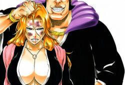 1boy 1girls accurate_art_style accurate_body_type ai_generated angry arms_at_sides behind_another between_breasts black_hair bleach blood blue_eyes bodily_fluids bracelet breasts bruise bruise_on_face busty cel_shading chain chain_necklace cleavage clenched_teeth clothing domination duo duo_focus facing_viewer fat fat_male female front_view grabbing grabbing_another's_hair grin hair_between_eyes hair_grab hair_pull head_out_of_frame high_resolution highres holding_hair huge_breasts injury jewelry large_breasts light-skinned_female light-skinned_male light_skin line_art long_hair looking_at_viewer male maledom manga_style matsumoto_rangiku messy_hair mole mole_under_mouth necklace neckwear no_bra nosebleed oomaeda_marechiyo orange_hair overweight overweight_male pink_neckwear pink_scarf ryona scarf sex shihakusho shinigami shinigami_uniform shiny shiny_hair shiny_skin simple_background size_difference smile taken_from_behind teeth tite_kubo_style traditional_clothes upper_body wafuku watch wavy_hair white_background wristwatch wristwear
