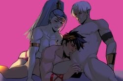 anal_sex angelofsmut athletic_female bisexual bisexual_male bishonen blowjob breasts canon_couple canon_polyamory canon_throuple erection female_supporting_yaoi femdom hades_(game) jewelry laurel_crown malesub megaera_(hades) mmf_threesome nipples nude_female nude_male ot3 pegging penis piercings polyamory ponytail silver_hair smirk strap-on thanatos_(hades) threesome throuple twunk willing_sub zagreus