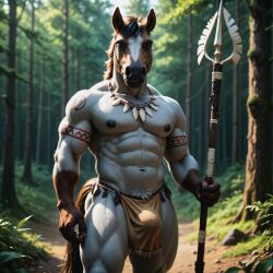 ai_generated anthro bottomwear bulge clothing director_homer_26 equid equine forest furry furry_male furry_only hi_res horse loincloth looking_at_viewer male male_focus male_only mammal markings muscular muscular_anthro muscular_male muscular_thighs plant solo tattoo tree tribal tribal_markings tribal_tattoo weapon