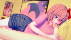 3d 3d_animation animated blowjob blue_eyes coral_pink_hair cum cum_in_mouth doki_doki_literature_club fellatio handjob koikatsu mashirosolera no_sound red_bow sayori_(doki_doki_literature_club) tagme video