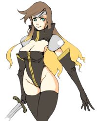 breasts brown_hair cape celes_chere female female_only final_fantasy final_fantasy_vi fusion gloves human leotard multicolored_hair solo stockings tales_of_(series) tales_of_the_abyss tear_grants weapon