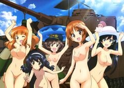 5girls :d ;d akiyama_yukari arms_up barefoot black_hair blue_eyes blush breasts brown_eyes brown_hair cloud feet girls_und_panzer hairband hat highres innertube isuzu_hana long_hair military military_vehicle multiple_girls navel nipples nishizumi_miho nude nude_filter open_mouth orange_eyes orange_hair panzer_iv_h photoshop pussy reizei_mako short_hair sky smile sugimoto_isao sun_hat takebe_saori tank tied_hair twintails uncensored vehicle wink