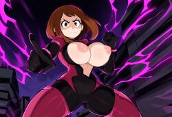 ai_generated alternate_costume cleavage curvaceous curvy dark_aura dark_persona evil female looking_at_viewer mullon my_hero_academia nipples novelai ochako_uraraka open_bodysuit pointing puffy_nipples thick_thighs wide_hips