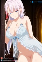 ai_generated big_breasts blue_eyes female juanpiamvs lingerie long_hair patreon patreon_username riselia_ray_crystalia seiken_gakuin_no_maken_tsukai silver_hair smiling standing subscribestar subscribestar_username watermark