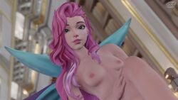 3d blender blue_eyes face_tattoo league_of_legends league_of_legends:_wild_rift long_hair looking_at_viewer nude nude_female pink_hair seraphine_(league_of_legends) sitting sitting_on_table small_breasts tira-misu