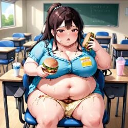 1girls ai_generated breasts brown_eyes brown_hair burger cleavage eating fat fat_belly fat_woman food obese obese_female overweight overweight_female ripped_clothing school slob sweat