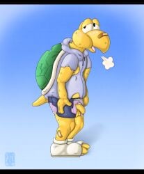 2024 absurd_res balls band-aid bandage blush bodily_fluids boots bottomwear breath bruised clothing colored digital_media_(artwork) feet footwear foreskin full-length_portrait garo_(artist) genitals green_koopa_troopa half-closed_eyes hi_res humanoid_genitalia koopa koopa_troopa koops looking_back male mario_(series) narrowed_eyes nintendo nipples panting pants paper_mario penis portrait scalie shaded shell simple_background solo standing sweat sweater tail toes tongue tongue_out topwear underwear wardrobe_malfunction yellow_body