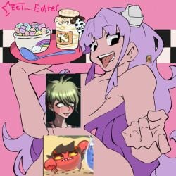 breasts censored cereal danganronpa diner fang fangs frye_(splatoon) hat holding_object homestuck honey hourglass_figure light_purple_hair light_skin long_hair looking_at_viewer meme_reference nude picrew plate pointing pointing_at_viewer purple_hair signature solo solo_focus splatoon spoon tagme tongue_out unknown_character waitress