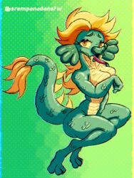 anthro big_fangs blonde_hair breasts covering covering_breasts fangs female finley_(indigo_park) green_body hair indigo_park looking_at_viewer mtf_crossgender multicolored_body nude open_mouth rule_63 scales sea_serpent solo sr_empanada teeth tongue yellow_eyes yellow_sclera