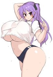 aged_up arms_up blush buruma cowboy_shot huge_breasts huge_thighs kagami_hiiragi looking_back lucky_star one_arm_behind_head purple_hair thick_thighs underboob v-shaped_eyebrows voluptuous wide_hips