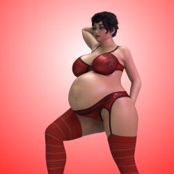 1girls 3d belly big_belly big_breasts black_hair breasts breedingduties female garter_belt garter_straps glasses homestuck jane_crocker lingerie milf pregnant red_underwear short_hair solo