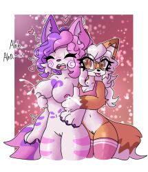 absurd_res anthro arlenne_(katgod101) bodily_fluids bra breast_grab breasts brown_body brown_fur canid canine canis cleavage clothed clothing domestic_dog ear_piercing ear_ring female female/female fennec_fox fluffy fluffy_tail footwear fox fur genitals glistening glistening_body hair hand_on_breast heart_symbol hi_res katgod101 lactating legwear lilith_(itsvalarie) looking_pleasured mammal moan motion_lines nipples orange_body orange_fur piercing pink_body pink_fur pink_hair purple_body purple_fur purple_hair pussy ring_piercing socks speech_bubble tail thigh_highs true_fox underwear white_body white_fur white_hair