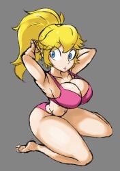 1girls armpits arms_behind_head barefoot big_breasts bikini blonde_hair blue_eyes breasts busty cleavage feet female female_only full_body large_breasts legs mario_(series) navel pink_bikini ponytail pose posing princess_peach sensual sexy_armpits sitting solo swimsuit thick_thighs thighs tied_hair voluptuous zebunnyparadise