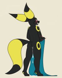 absurd_res anthro ass blush bodily_fluids brreo cum cum_drip dark_body dripping eeveelution generation_2_pokemon genital_fluids hi_res looking_at_viewer male nervous nintendo nude nude_anthro nude_male pokemon pokemon_(species) rear_view simple_background solo umbreon vipy