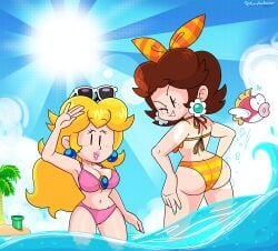 2girls ass bikini bikini_bottom bikini_top black_eyes blonde_female blonde_hair blonde_hair_female blue_earrings blue_sky breasts brown_hair brown_hair_female cheep_cheep earrings edit edited eyelashes fan_edit female female_focus female_only fingernails flower_earrings funnyhoohooman hands_on_hips human island mario_(series) nintendo orange_bikini orange_bikini_bottom orange_bikini_top outdoors painted_fingernails palm_tree pink_bikini pink_bikini_bottom pink_bikini_top pipes princess princess_daisy princess_peach sand sky sun sunglasses sunglasses_on_head sunlight super_mario_bros. tagme thighs water watermark waving white_skin white_skinned_female wink winking winking_at_viewer