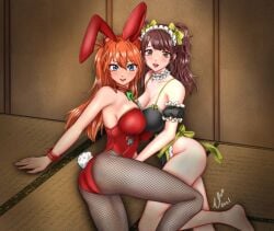 2girls apron armband ass asuka_langley_sohryu baileymcpatty big_ass big_breasts blue_eyes bowtie breasts brown_eyes brown_hair bunny_ears bunny_girl bunny_tail crossover detached_collar fake_animal_ears fake_tail female female/female female_only female_with_female fishnet_pantyhose fishnets girls girls_only hair_ornament hairbow huge_breasts kujikawa_rise large_breasts leotard long_hair looking_at_viewer maid maid_apron maid_headdress maid_uniform megami_tensei multiple_girls naked_apron neon_genesis_evangelion only_female orange_hair painted_fingernails pantyhose persona persona_4 playboy_bunny red_leotard twintails wrist_cuffs