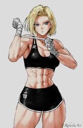 1girls ajaycolor android_18 blush breasts color color_edit colored colored_hair colored_inner_hair colored_sketch colored_skin dragon_ball dragon_ball_z edit fit fit_female greyscale gym_clothes looking_at_viewer monochrome muscular muscular_female robustaart shorts sports_bra thick_thighs toned toned_female