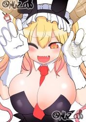 2girls blonde_hair blush bunny_ears bunnysuit cleavage colored cool-kyou_shinja dragon_girl dragon_humanoid duo female glasses horns huge_breasts kobayashi large_breasts long_gloves long_hair maid_headdress miss_kobayashi's_dragon_maid multiple_girls oerba_yun_fang one_eye_closed smile third-party_edit tohru_(dragon_maid) upper_body