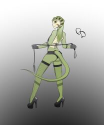 female fishnets gloves green_body green_eyes green_skin heel_boots heels humanoid looking_back_at_viewer oracle_dominus original_character scalie snake_hood solo solo_female tail whip