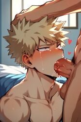 ai_generated bed belmarkai blonde_hair blowjob blush crying_with_eyes_open fellatio gay hand_on_head katsuki_bakugou male male/male male_focus male_only my_hero_academia oral oral_sex pecs penis red_eyes submissive submissive_male sucking sucking_penis veiny_penis yaoi