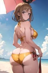 ai_generated atelier_(series) atelier_ryza back_view backboob beach big_ass bikini brown_eyes brunette_hair fat_ass golden_bikini hairbow huge_ass huge_breasts imayoai large_breasts light-skinned_female light_skin looking_back pawg reisalin_stout short_hair solo_female thick_body thick_female thick_thighs thighs voluptuous voluptuous_female