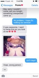 bodily_fluids braces chat dick_on_face english_text fake_screenshot furanh huge_cock medium_breasts original original_character penis peska_(furanh) pink_hair pubes pubes_in_mouth sweat tagme text victory_pose