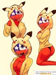 1girls ass big_ass big_breasts blue_eyes breasts chile_(countryhumans) clothed countryhumans countryhumans_girl cute female female_only humanoid no_visible_genitalia oksaoksa onesie pikachu pokemon red_body solo tongue tongue_out