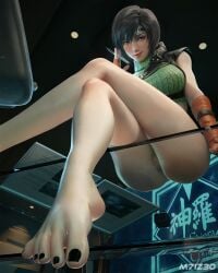 3d absurdres arm_support artist_collaboration ass bare_legs barefoot black_nails bottomless brown_eyes crop_top cropped_sweater crossed_legs feet female final_fantasy final_fantasy_vii final_fantasy_vii_remake fingerless_gloves foot_focus forehead_protector from_below glass_table gloves headband highres looking_at_viewer m71 m71z30 nail_polish nianbingzi on_table orange_gloves pussy short_hair sitting sleeveless sleeveless_turtleneck smirk solo table thighs toenail_polish toenails toes turtleneck yuffie_kisaragi