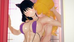 2girls black_hair black_hair_female blake_belladonna blonde_female blonde_hair cat_ears multiple_girls nude_female rwby stormstriker wet_body yang_xiao_long yellow_eyes