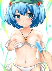 1girls bikini bikini_pull blue_eyes blue_hair blush breasts chastity_key female hair_bobbles hair_ornament hat highres key key_necklace keyholder looking_at_viewer navel necklace nipples nitori_kawashiro open_mouth popsicle short_hair swimsuit tied_hair touhou twintails yoshimo