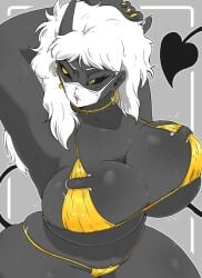 aurul big_breasts curvy_female demon_tail gold_bikini gps-device horn huge_breasts mask masked_female thick_thighs voluptuous_female