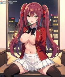 ai_generated amasawa_ichika anime breasts_out classroom_of_the_elite lactation large_breasts ranwai red_hair stable_diffusion thighhighs uniform yellow_eyes youkoso_jitsuryoku_shijou_shugi_no_kyoushitsu_e