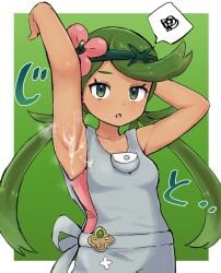 :o arm_up armpits blush border collarbone commentary_request cum cum_on_armpit eyelashes female flower green_background green_eyes green_hair grey_overalls hair_flower hair_ornament hand_up highres kutabireta_neko long_hair looking_at_viewer mallow_(pokemon) open_mouth outside_border overalls pink_flower pink_shirt pokemon pokemon_sm presenting_armpit shirt small_breasts solo spoken_squiggle squiggle steaming_body swept_bangs twintails white_border