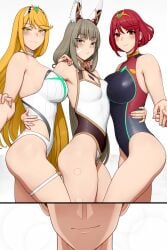 1boy 3girls blonde_female blonde_hair blush breast_size_difference breasts brown_eyes canon_polyamory cat_ears catgirl choker core_crystal eyes_out_of_frame foursome husband_and_wives imminent_foursome imminent_sex lvl_(sentrythe2310) mythra nia nia_(blade) nia_(xenoblade) pyra red_eyes red_hair short_hair smirk swimsuit tagme thighs trio_focus xenoblade_(series) xenoblade_chronicles_2 xenoblade_chronicles_3