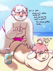 ahoge amanekiryuu anthro aroused ass beach bear bikini_thong blep blush bodily_fluids bulge clothing cloud dialogue duo echo_(calahootheyeen) fur genital_fluids hair hi_res hot_dogging joshie_(calahootheyeen) lagomorph leaking_precum leporid lotion lotion_bottle male male/male mammal nipples obese obese_anthro obese_male overweight overweight_anthro overweight_male pink_hair polar_bear precum rabbit rubbing sea sex spiral_eyes swimwear thong tight_clothing tongue tongue_out underwear ursine water white_body white_fur white_hair