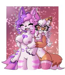 absurd_res anthro arlenne_(katgod101) bra breast_grab breasts brown_body brown_fur canid canine canis cleavage clothed clothing domestic_dog ear_piercing ear_ring female female/female fennec_fox fluffy fluffy_tail footwear fox fur genitals glistening glistening_body hair hand_on_breast heart_symbol hi_res katgod101 legwear lilith_(itsvalarie) looking_pleasured mammal motion_lines nipples orange_body orange_fur piercing pink_body pink_fur pink_hair purple_body purple_fur purple_hair pussy ring_piercing socks tail thigh_highs true_fox underwear white_body white_fur white_hair