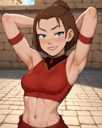 1girls ai_generated alternate_costume armpits avatar_legends avatar_the_last_airbender earth_kingdom female female_only fire_nation_clothing hands_behind_head human midriff short_hair smile solo suki sweat