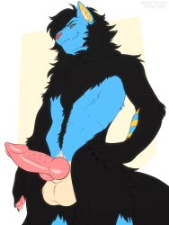 2024 anthro biped black_body black_fur blue_body blue_fur digital_media_(artwork) erection fur generation_4_pokemon genitals hand_on_hip hand_on_own_hip hi_res knot looking_at_viewer luxray male male_anthro nintendo pawpads penile_spines penis pink_pawpads pink_penis pokemon pokemon_(species) red_sclera rustymiko simple_background smile smiling_at_viewer solo tan_body tan_fur yellow_eyes