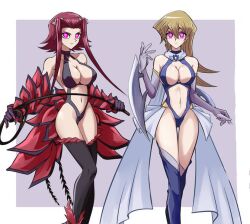 2girls akiza_izinski alexis_rhodes arm_blades black_leotard black_rose_dragon black_rose_dragon_(cosplay) blonde_hair blue_leotard breasts chaya_mago cosplay cyber_blader cyber_blader_(cosplay) earrings elbow_gloves female gloves hair_ornament holding_whip hoop_earrings hypnosis large_breasts leotard long_hair looking_at_viewer midriff mind_control navel pink_eyes red_hair scarf short_hair thighhighs whip yu-gi-oh! yu-gi-oh!_5d's yu-gi-oh!_gx