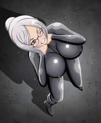 1female bodysuit female glasses grey_hair latex latex_suit prison_school shiraki_meiko