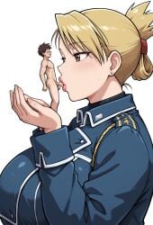 ai_generated big_breasts blonde_hair blowjob breasts brown_eyes busty busty_female busty_girl clothed_female_nude_male cum dominant dominant_female domination ejaculation erection fellatio female femdom forced fullmetal_alchemist fullmetal_alchemist_brotherhood giantess gigantic_breasts height_difference horny horny_female horny_male huge_breasts large_breasts lips macro macro_female macrophilia male mommy mommy_kink orgasm penis questionable_consent riza_hawkeye sex short_hair side_view size_difference submissive submissive_male sucking sucking_penis