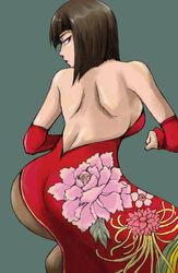 1girls anna_williams ass ass_shake bare_shoulders big_ass blue_eyes bob_cut breasts brown_hair brown_legwear china_dress chinese_clothes detached_sleeves elbow_gloves female female_only feminine floral_print gloves gooning highres human looking_back looking_over_shoulder mimiyama_kiichi namco pantyhose red_dress seductive seductive_pose shoulder_length_hair shoulders simple_background solo tekken twerking