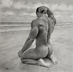 ass back_muscles beach black_and_white brad_welch_art butt feet graphite_(artwork) hand_on_head male male_only muscles muscular muscular_male on_knees