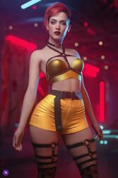 1girls 3d aurore_cassel belt choker clothed cyberpunk_2077 cyberpunk_2077:_phantom_liberty female harness hips hotpants legwear looking_at_viewer noahgraphicz painted_nails red_hair short_hair shorts solo standing stockings thick_thighs thighhighs thighs wide_hips yellow_eyes