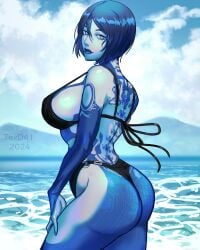 2d 2d_(artwork) ass beach big_ass big_breasts big_butt bikini bikini_bottom bikini_top black_bikini blue_body blue_hair blue_skin bob_cut breasts cortana curvaceous curvy curvy_figure digital_drawing_(artwork) digital_media_(artwork) halo_(series) hand_on_thigh high_resolution highres looking_at_viewer looking_back looking_back_at_viewer solo solo_female texd41 thick thick_thighs video_games